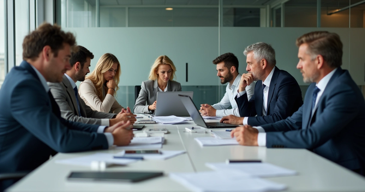 Team in meeting looking away from each other 