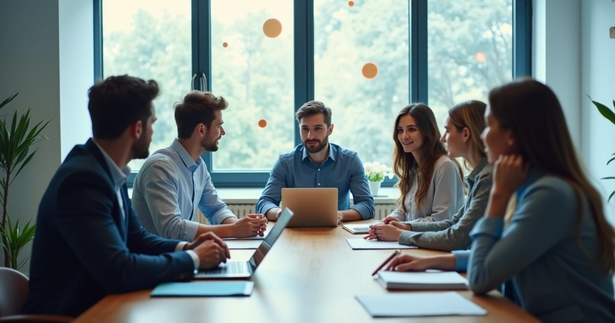 Team gathered around a meeting table with layered circles above them 