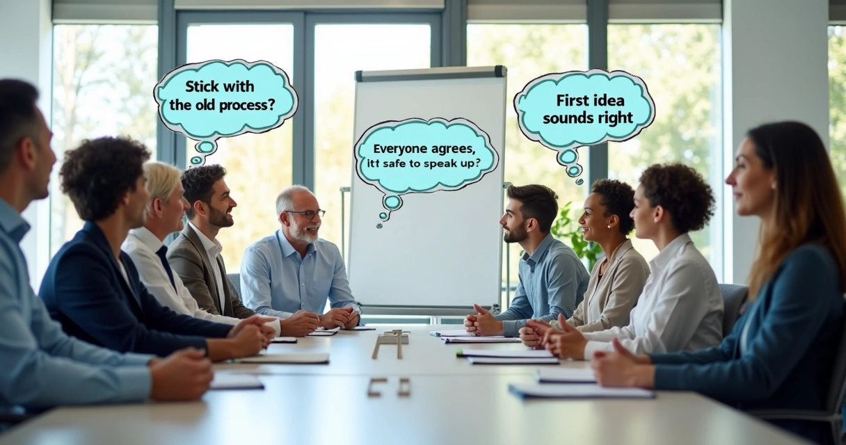 Diverse team in a bright office sitting around a table discussing, with speech bubbles highlighting common bias traps
