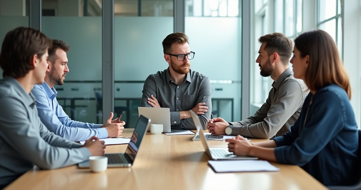 Team members showing guarded body language in a meeting