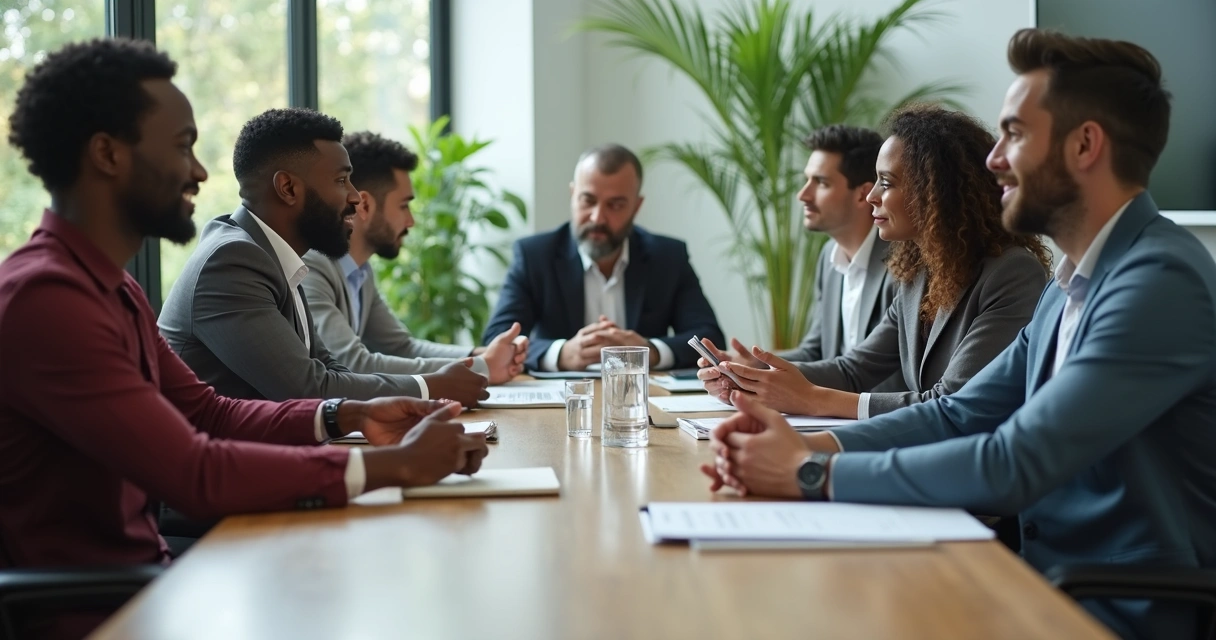 Team gathered around table with closed body language 