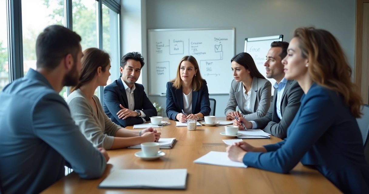 Team meeting with subtle body language cues around a table