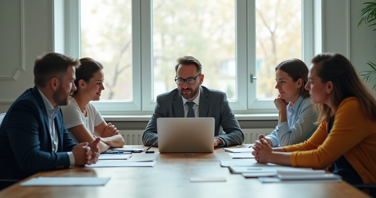 Team meeting with tense body language and subtle disengagement