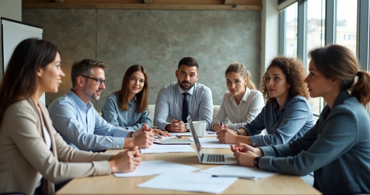 Office team meeting shows body language and facial expressions during discussion