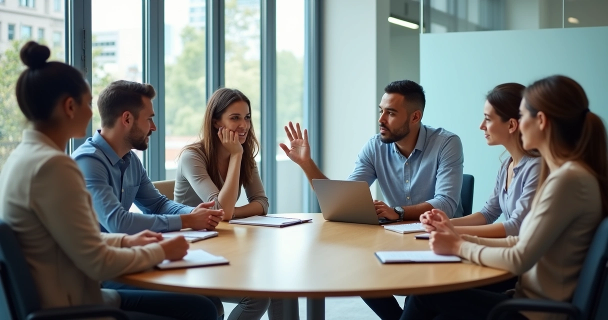 Team meeting with one person pausing before sharing