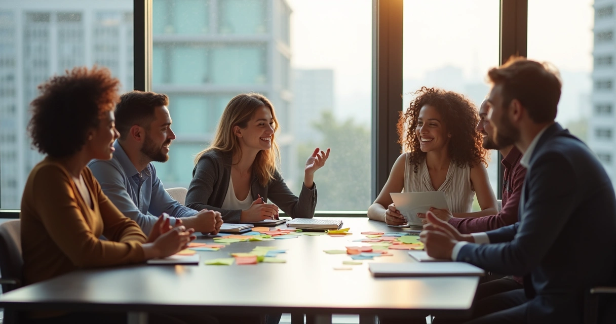 Team of people brainstorming ideas around a table 