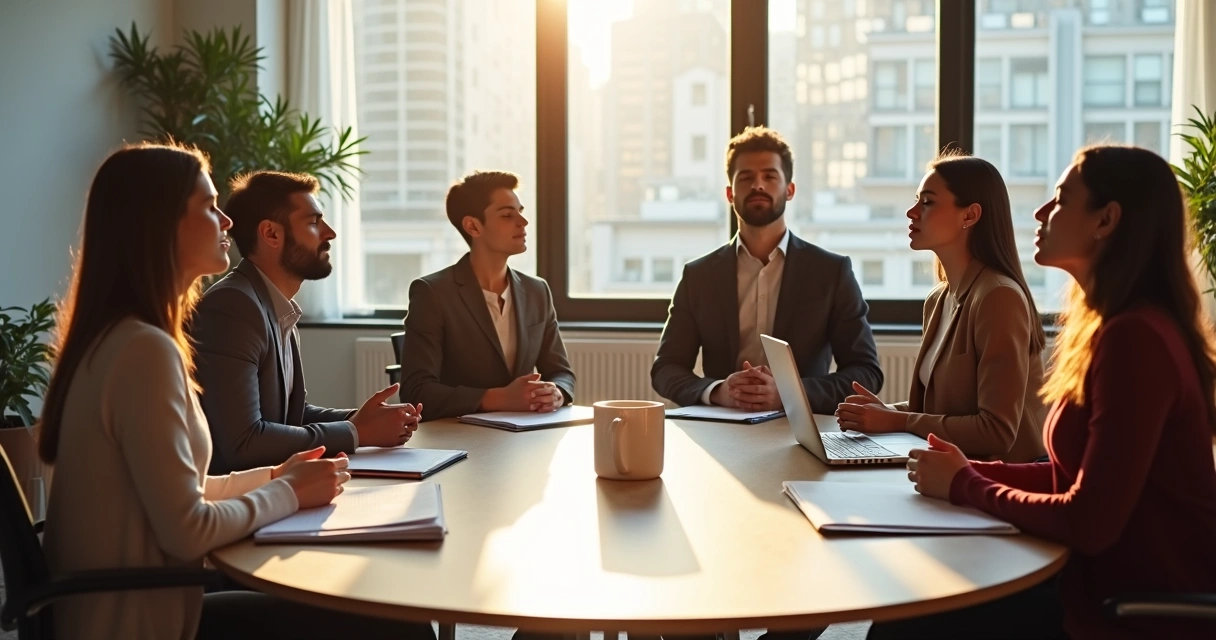 Diverse team in a modern office taking a deep breath together during a meeting 