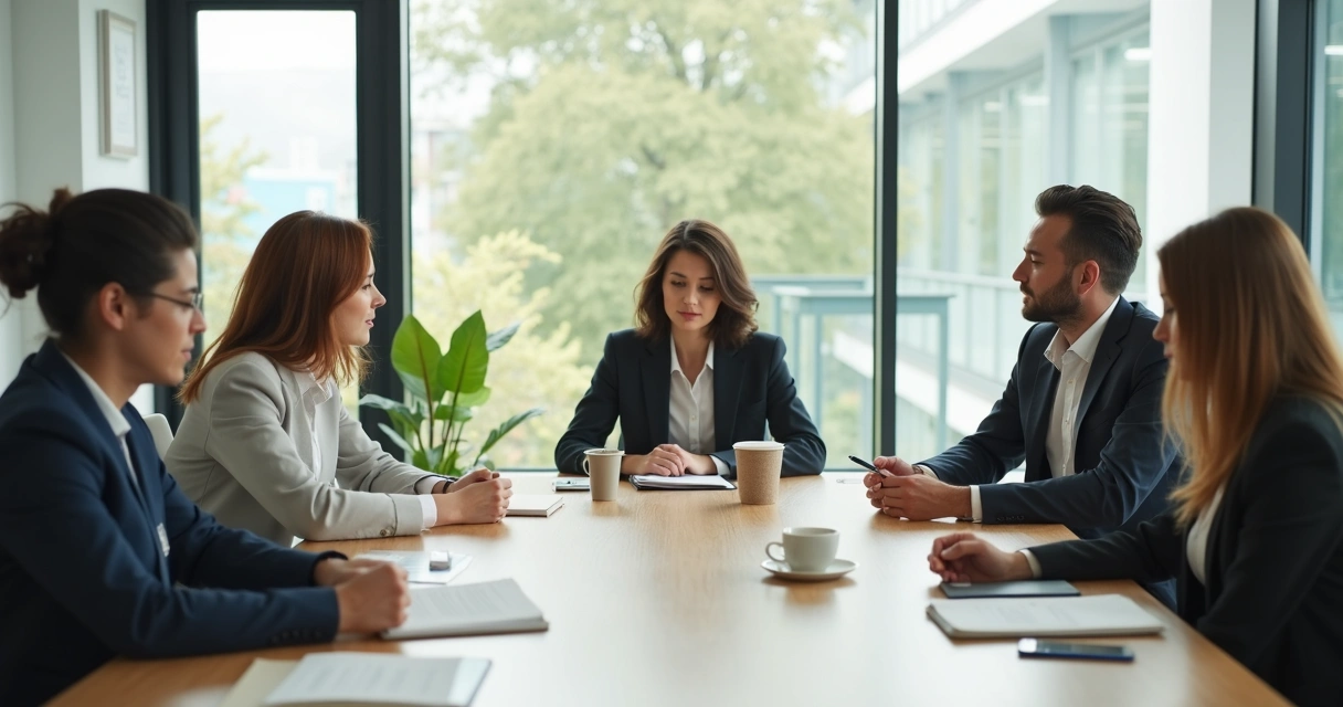 Team pausing quietly before a meeting at a conference table 