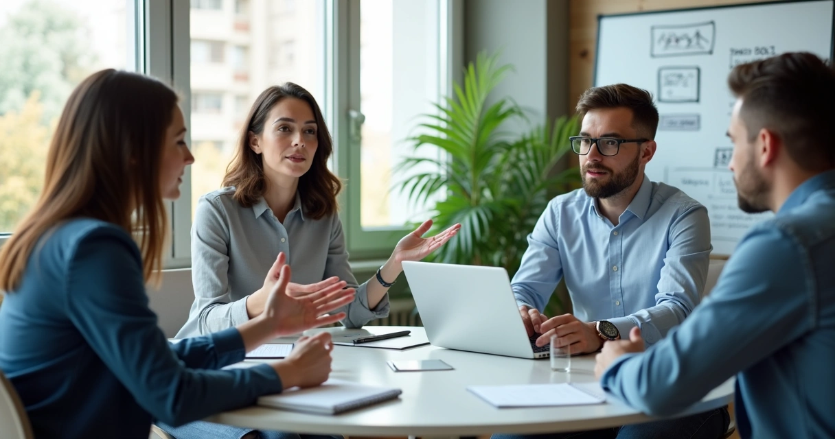 Team members in a calm office discussion