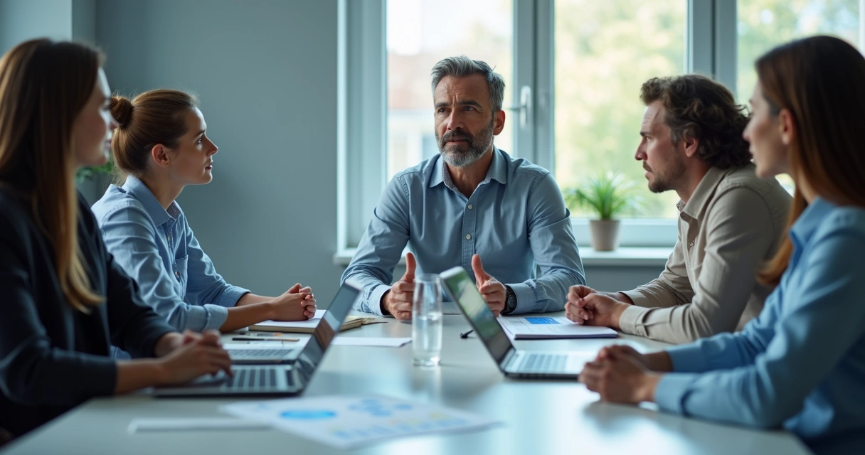 Leader speaking calmly during a tense team meeting