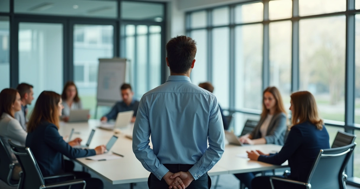 Leader pausing calmly before a team meeting in a bright office