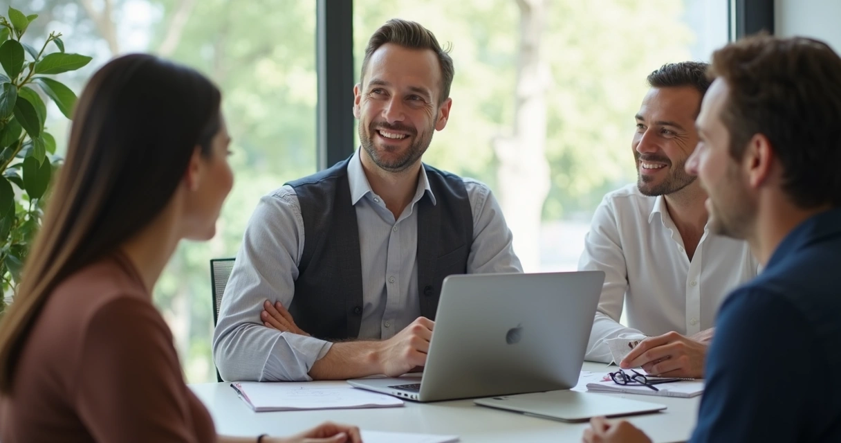 Calm team meeting led by focused leader in a bright office 