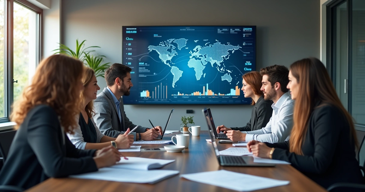 Team at a table reviewing centralized data on a large screen 