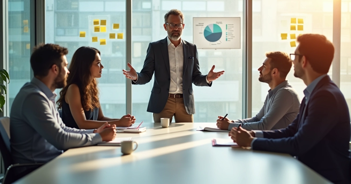 A diverse group having a team meeting discussing workplace changes. 