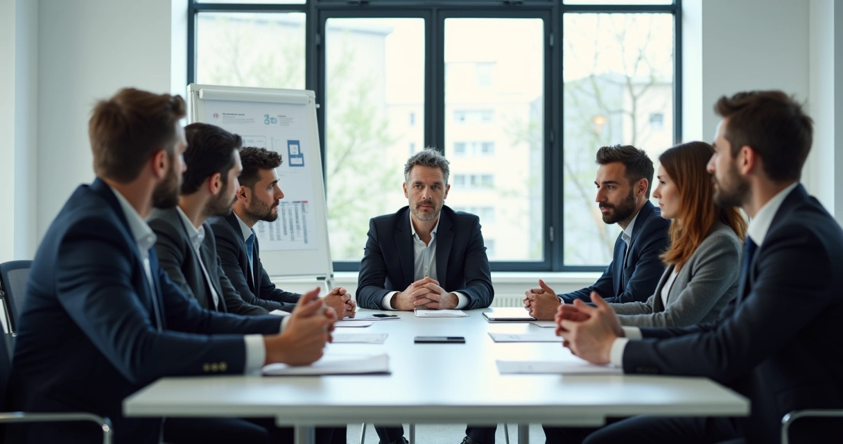 Managers and employees in an office setting having a serious discussion during a team meeting.
