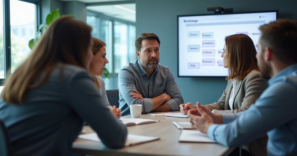 Team in a meeting reacting differently to a change update 