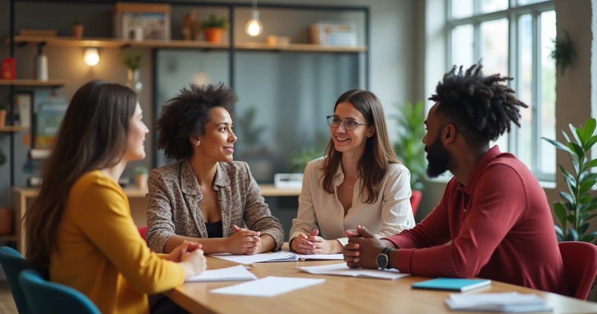 Team in meeting having an open group discussion around a table 
