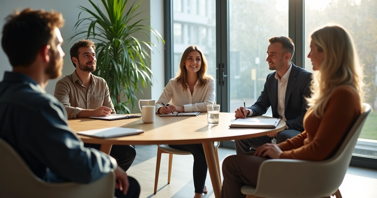 Team seated in a circle during a mindful workplace meeting