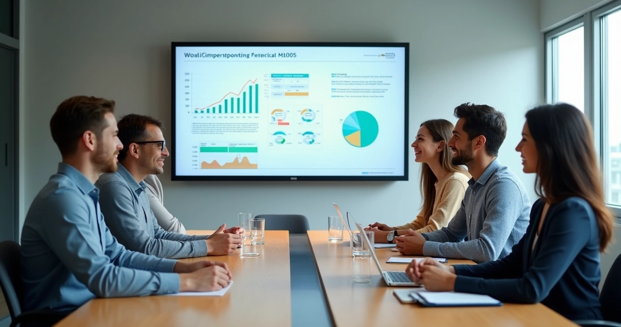 Team gathered around a table reviewing shared goals on a screen 