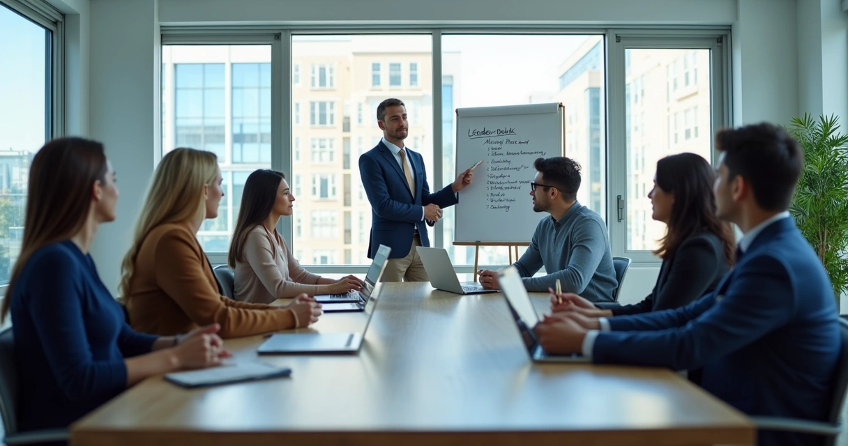 Leader speaking clearly in a team meeting with notes on a glass wall