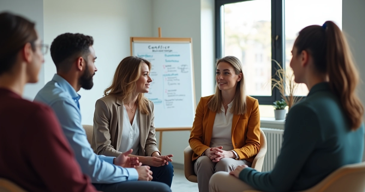 Team meeting resolving conflict with open communication