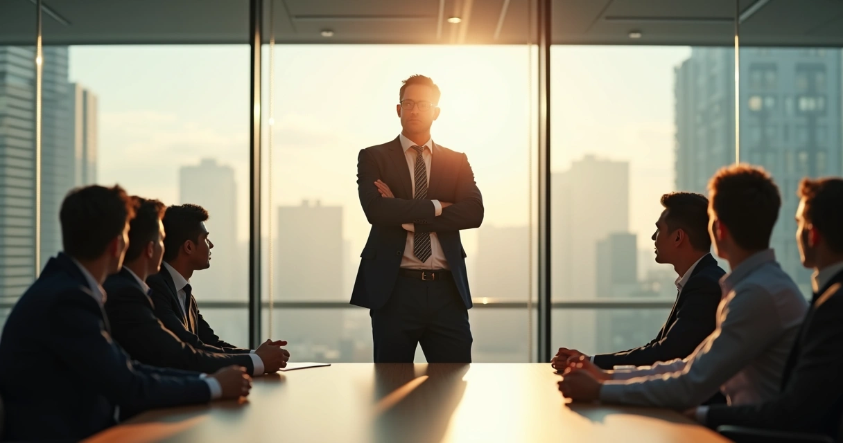 Leader standing while team sits around table, showing tight control dynamics 