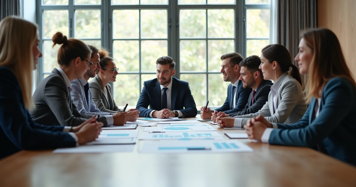 Team of diverse people gathered around a table, involved in a decision-making discussion 
