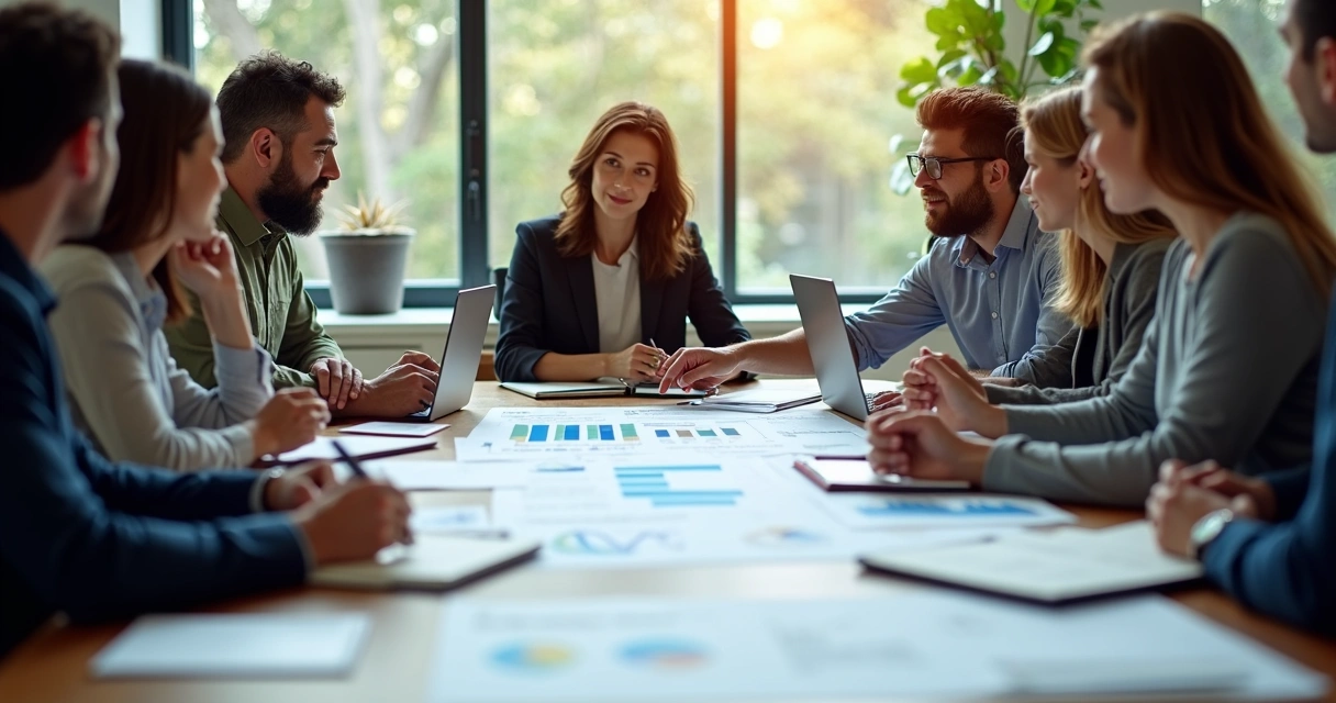 Team gathered around meeting table discussing ethical audit results 