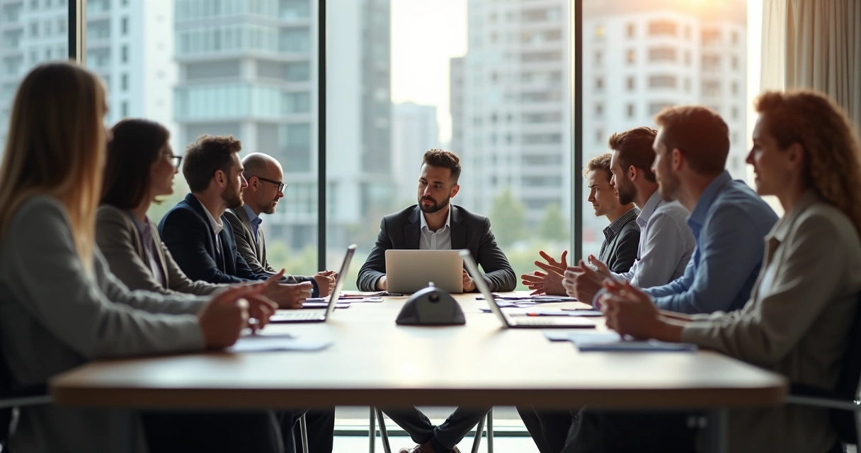 Colleagues discussing responsibility in a meeting 