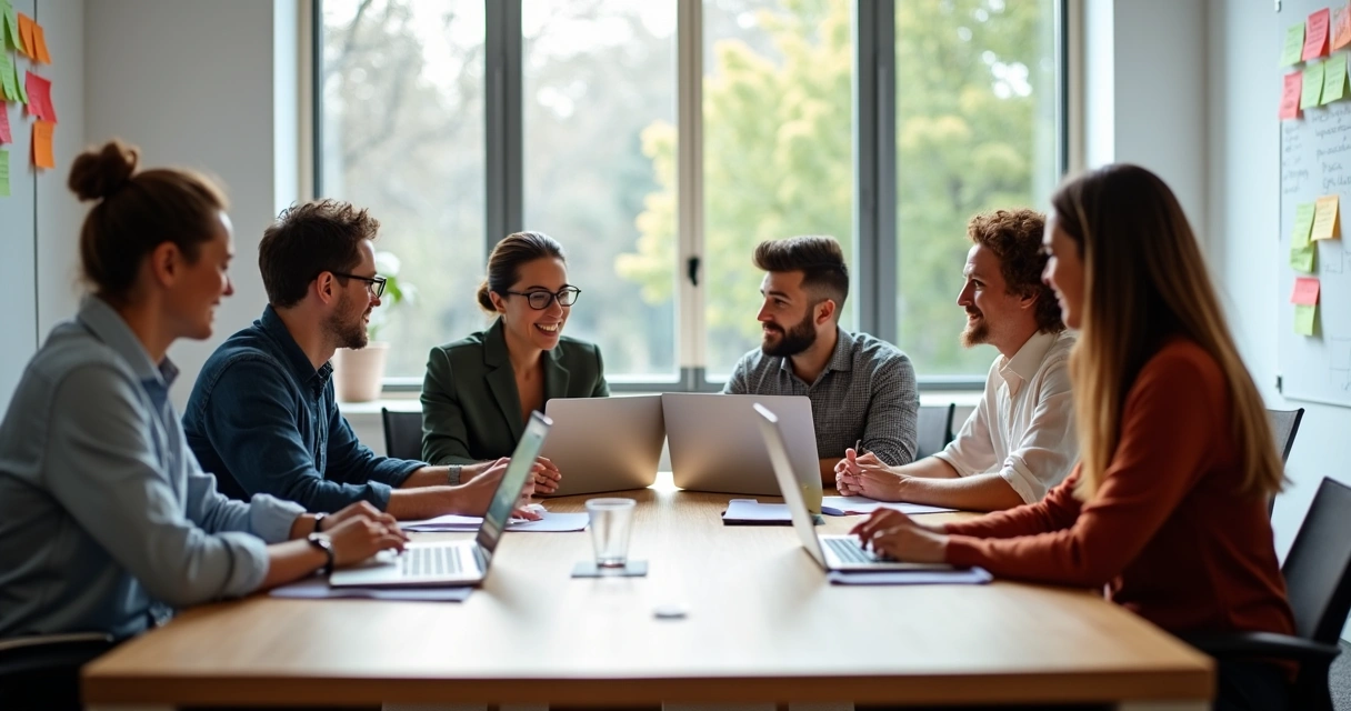 Team sitting around table discussing ideas