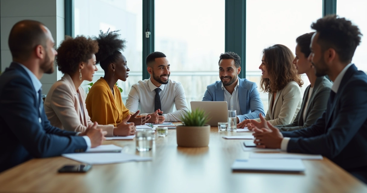 Business team sitting in a meeting room with a diverse group of professionals sharing ideas 