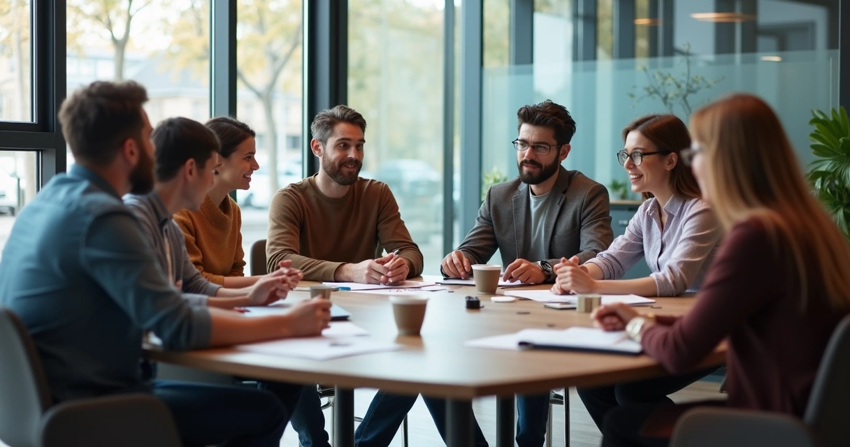 Diverse team meeting collaborating around table 