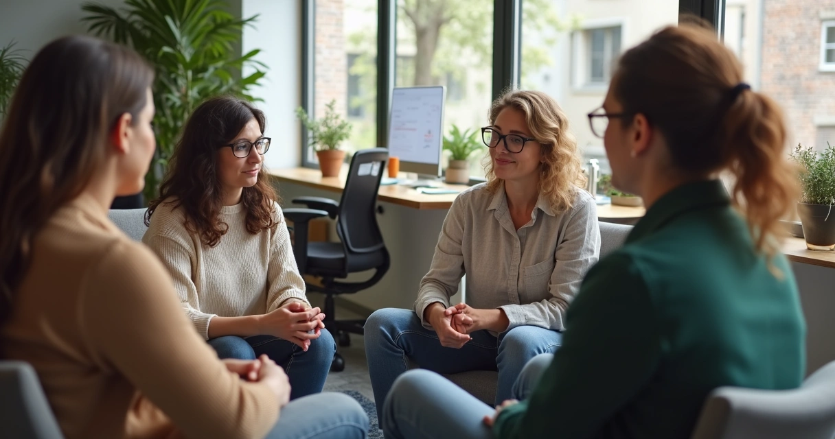 Team in a meeting, one person sharing feelings, others listening attentively