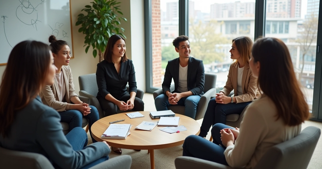 Diverse team in a meeting circle using reflective questions to explore emotions 