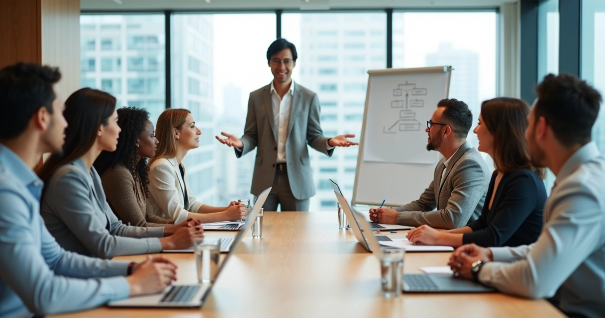 Diverse team in a calm meeting room with leader facilitating focused discussion 
