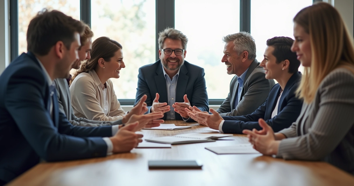 Mixed team interacting at a table, some members smiling, others looking concerned.