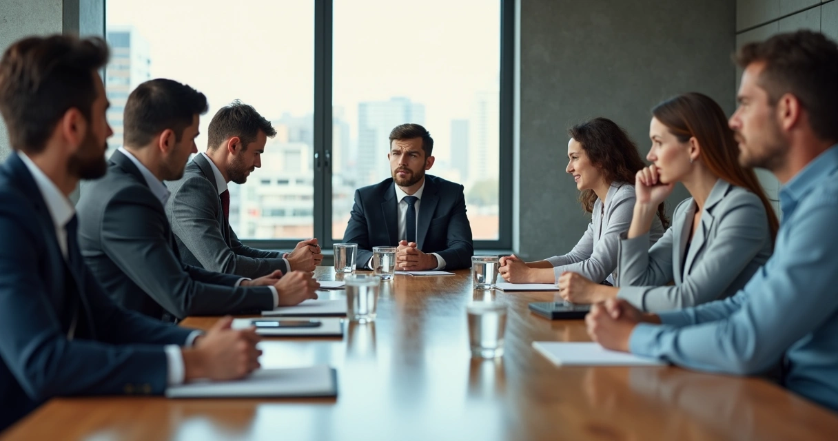 Team in a meeting reading nonverbal cues around a table 