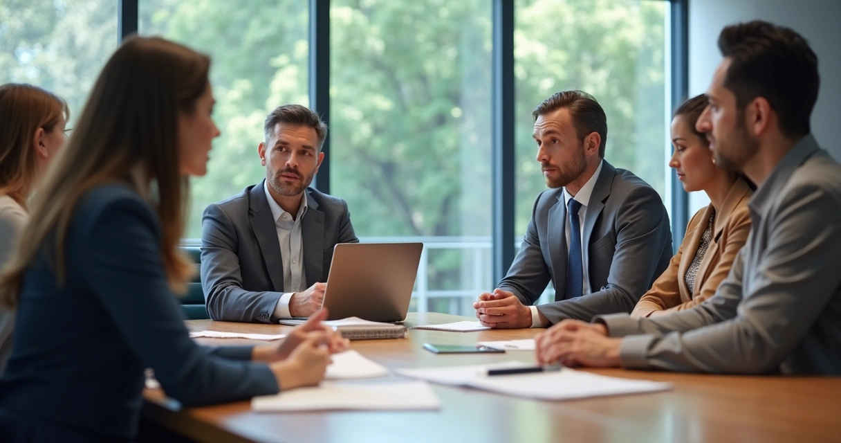 Team meeting with visible emotional cues and tense body language 