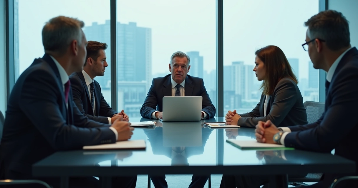 Team in a meeting with visible tension and guarded body language 