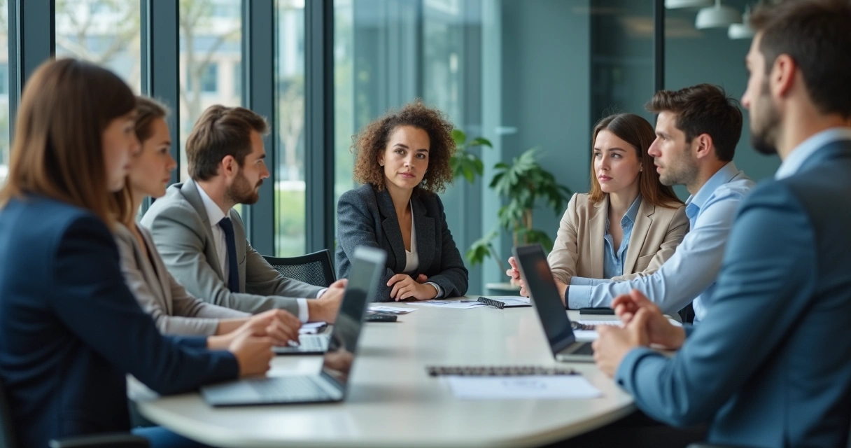 Team sitting in a tense office meeting with closed body language