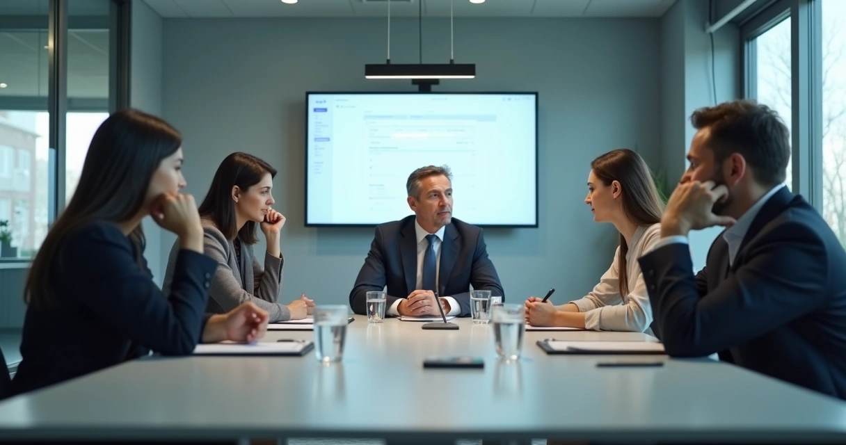 Team in a meeting with mixed nonverbal reactions around a conference table