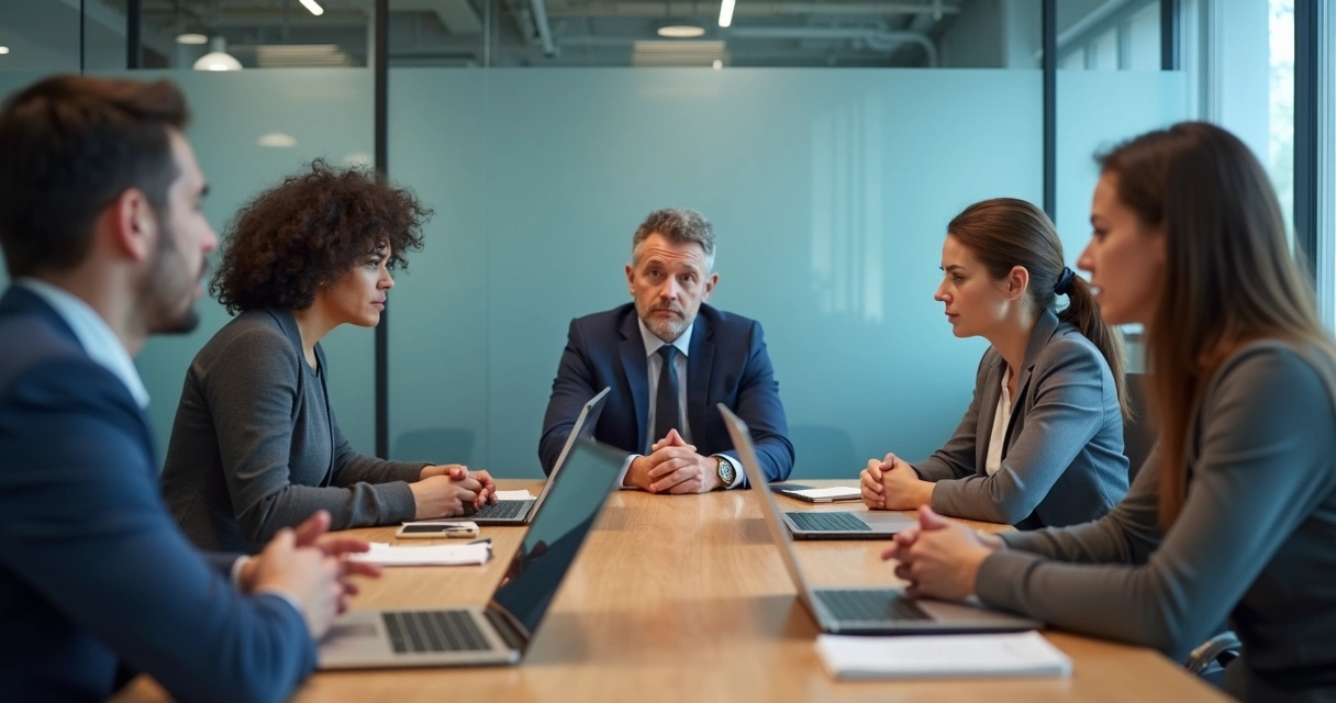 Team in a meeting with tense body language and one person speaking