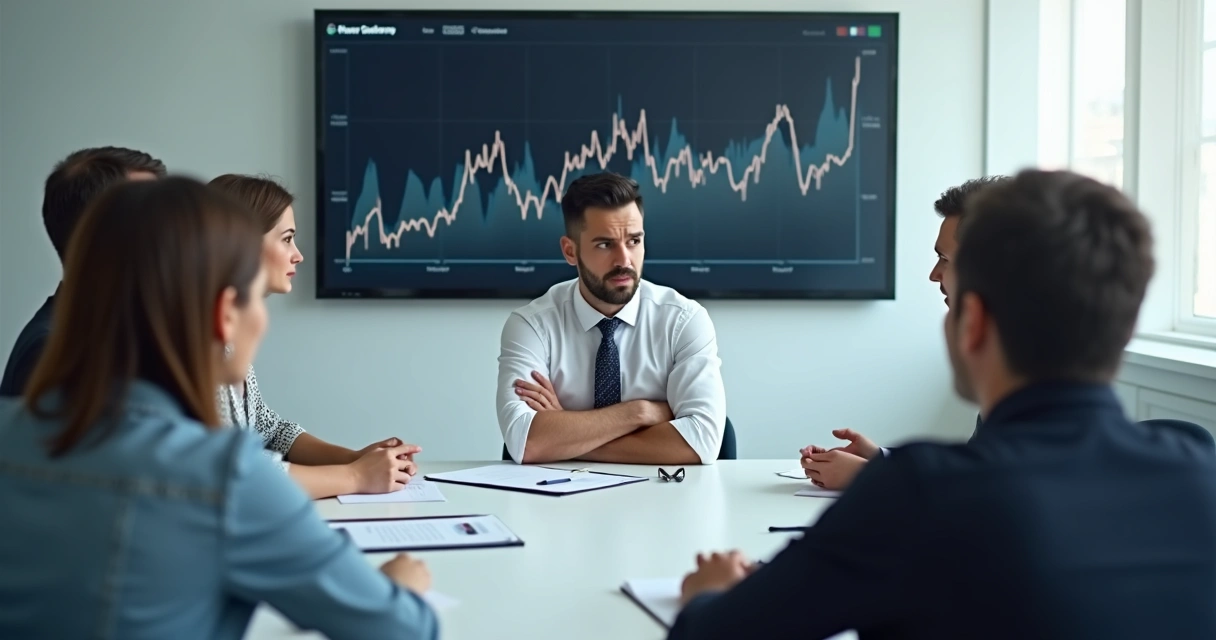 Diverse team in a meeting room, one person looking frustrated, others listening attentively 