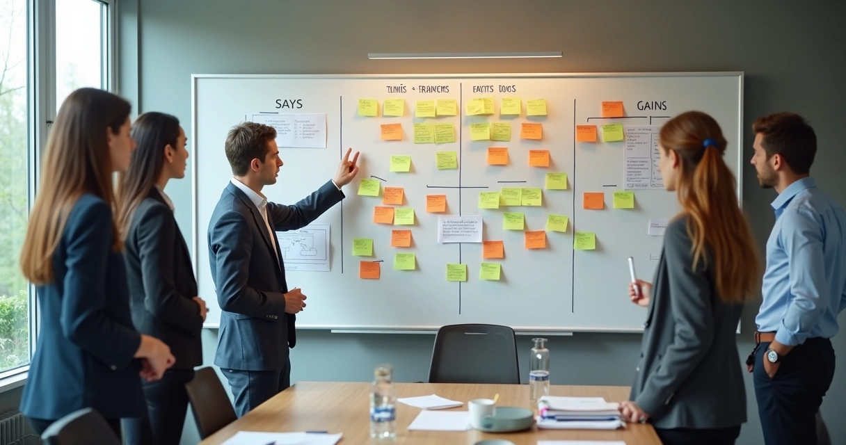 Team reviewing an empathy map on a wall during a meeting