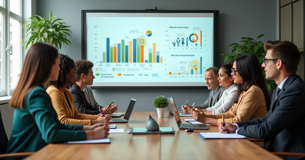Team meeting reviewing gender equity data on a screen 