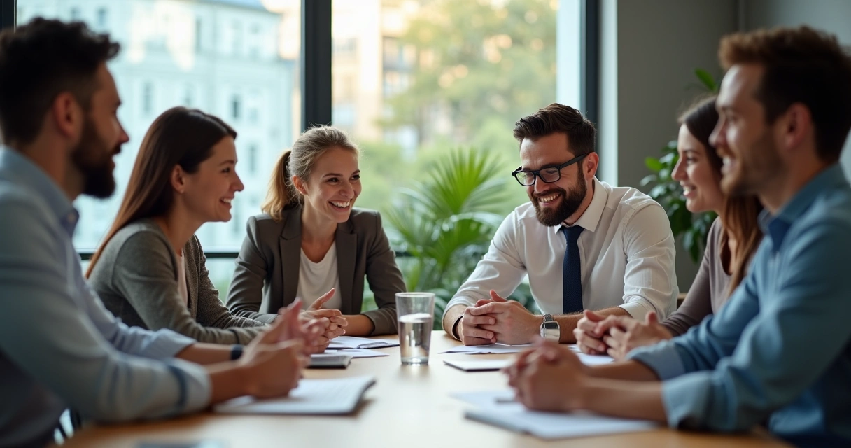 Colleagues in a meeting exchanging varied facial expressions