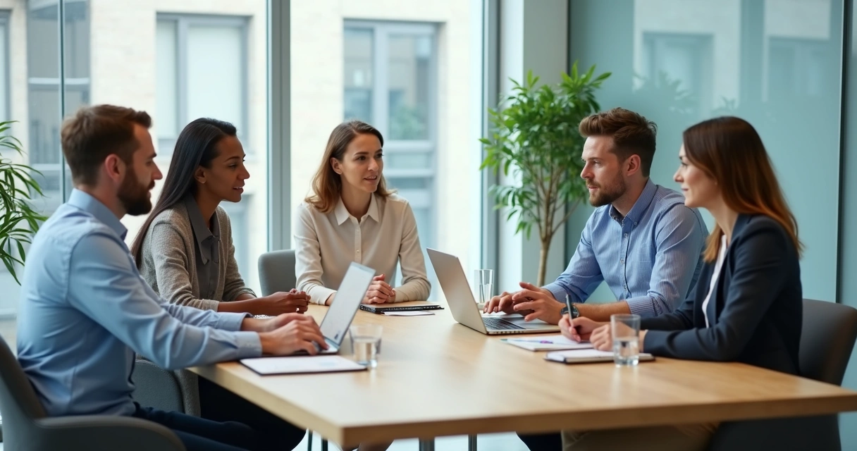 Team members making eye contact in a meeting 
