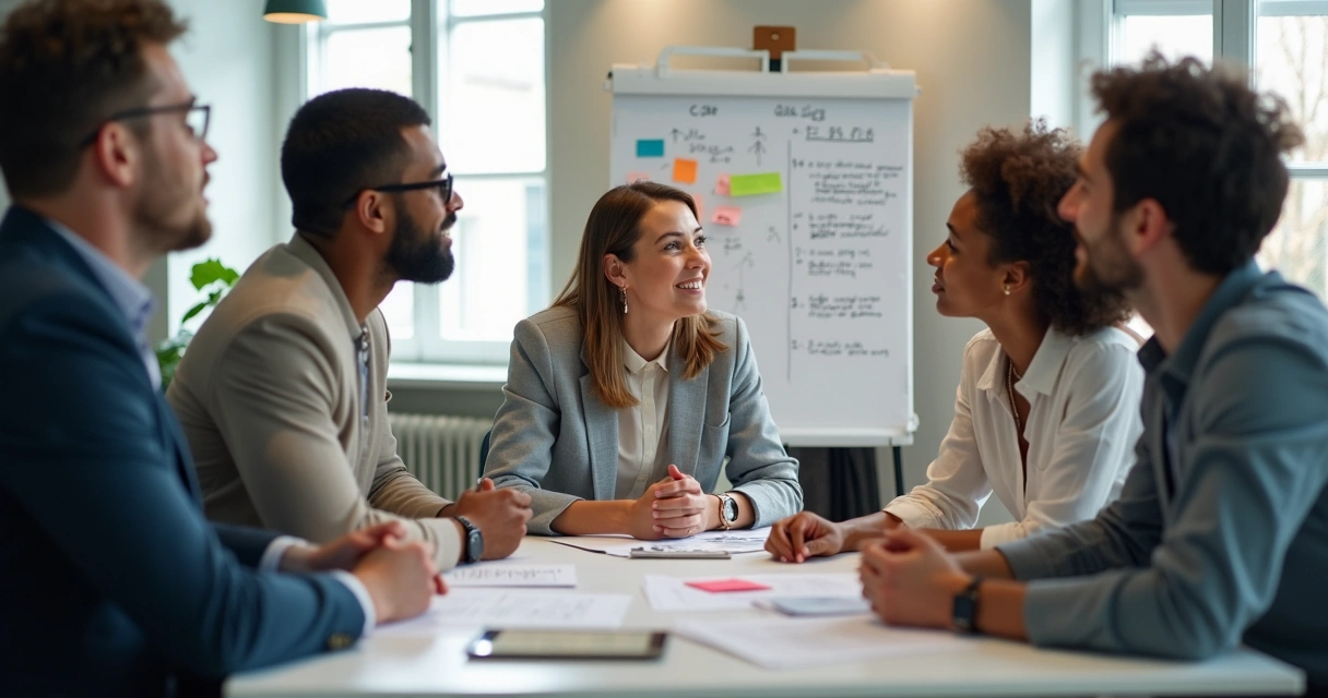 Colleagues sitting in a circle in an office, engaged in a feedback discussion 