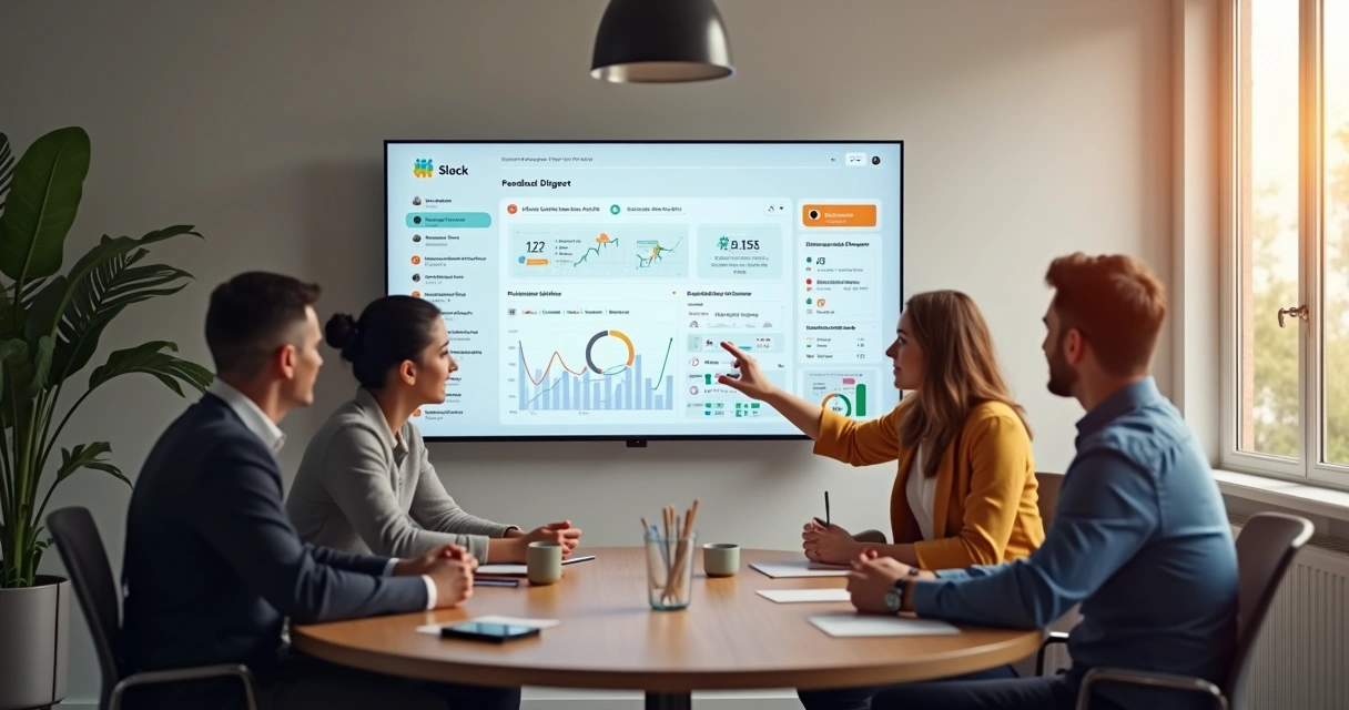 Startup team reviewing feedback summary on a monitor in an informal room 