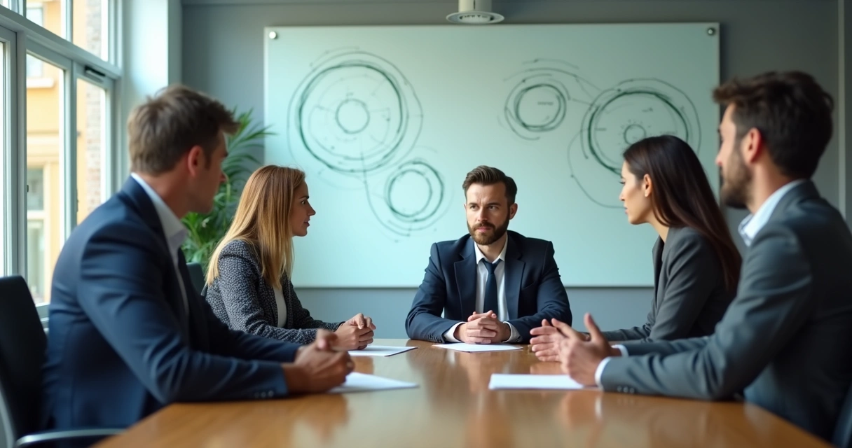 Team in meeting with visible tension and reflective pause 
